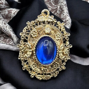 Ornate Blue Sapphire Colored Brooch with Bale
